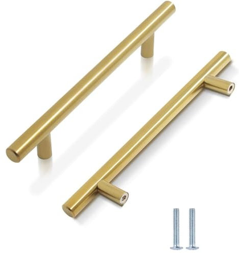 2 Pack Kitchen Cupboard Handles Stainless Steel Kitchen Door Handles Brushed Cabinet Handles Wardrobe Drawer (2 Pack Gold, Hole Centre 128mm)