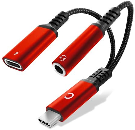 CELLONIC 2-in-1 Adapter USB-C Klinke, 3,5 mm Aux-Splitter Audio und Ladeanschluss mit 60 W Power Delivery, USB-C Schnellladekabel Kompatibel mit iPhone, Samsung, Telefon, Headset, Kopfhörer - Rot