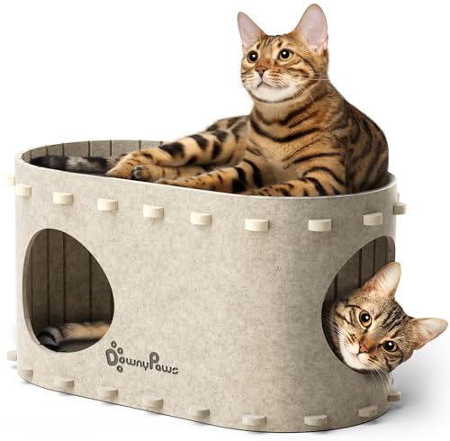 DownyPaws Cat House for Indoor Cats, Peekaboo Cat Bed Cave, Cream