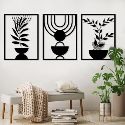 Pduoduo 3 Paneele Boho-Metall-Wandkunst, abstrakte, minimalistische, geometrische Wandkunst, schwarze Metall-Wandskulptur für Wohnzimmer, Schlafzimmer (56 x 42 cm)