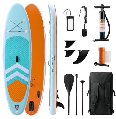 Mobiclinic®, Stand Up Paddling Board, Inklusive Pumpe, Flossen, Rucksack, Paddel, Handyhülle und Reparaturset, 315x78x15 cm, Faltbar, bis 150 kg, Für Kinder, Erwachsene und Haustiere