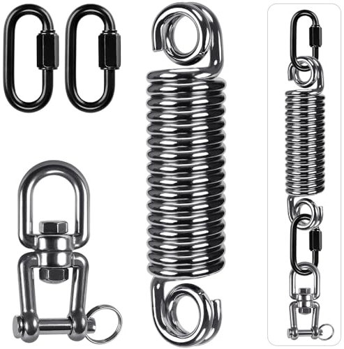SELEWARE Hängesessel Feder Schaukelhaken - Zugfedern mit Haken Deckenhaken Schwerlast Hängematten Aufhängung mit Feder 100CM Kette und Karabiner 360° Drehbar für Boxsack Hängestuhl Schaukel