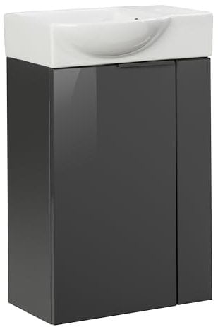 FACKELMANN Luna Gäste-WC Set 2 Teile – Waschtischunterschrank in Anthrazit mit Waschbecken aus Keramik – SBC Waschbeckenunterschrank schmal – Türanschlag Links – Hahnloch rechts – 45 cm breit
