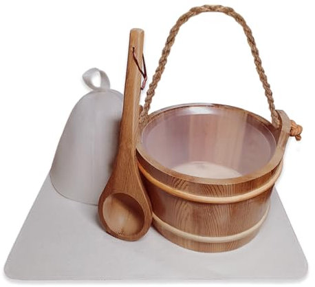NUIBY Roter Zedern-Sauna-Eimer und Schöpflöffel-Set, mit Saunahut und Sitzpolster, traditioneller Holz-Wassereimer mit Kunststoffeinsatz, für Sauna-Raum, Saunaofen