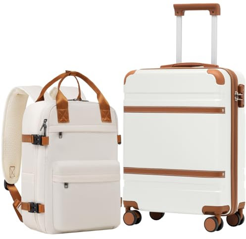 COOLIFE Valise cabine 55 x 40 x 20 cm pour avion, Set 2 pièces, Blanc/Marron, Serrure TSA, 4 roulettes jumelées, Sac à dos de voyage 20L inclus