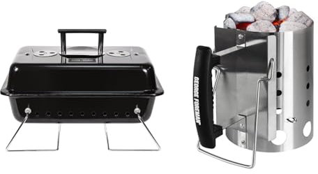 George Foreman On-The-Go Portable Charcoal BBQ, Sturdy Foldable Legs, Convenient Handle, Lightweight & Quick-Fire Compact Chimney BBQ Starter, 14cm Diameter, Portable Barbecue