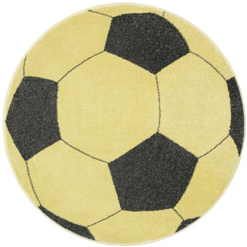 AKCILA Lima Runder Kinderteppich Grau Gelb mit Fußball Muster 160 cm | moderner Teppich für Kinderzimmer und Jugendzimmer, Kinderteppich sportliches Design in verschiedenen Farben und Größen
