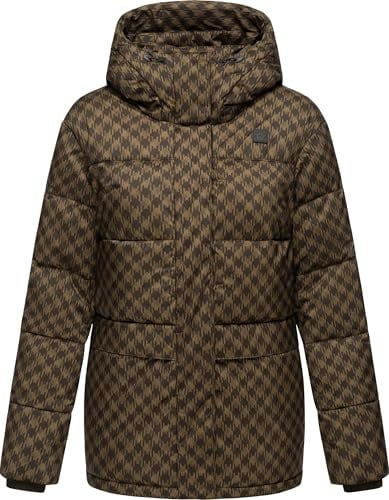 Ragwear Damen Winter-Steppjacke Wikesh Print Hahnentritt wasserdicht | Länge: po-bedeckend, Kapuze, atmungsaktiv, gerader Schnitt; für kalte City- und Outdoor-Tage.