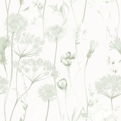 Meadowsweet Floral Sage Green Wallpaper - Naturistic Botanical Petals Flowers - Trendy Stylish Feature Wall