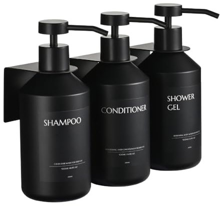 Janxin 3 Stück Seifenspender Wandbefestigung,500ml Shampoo Flaschen zum Befüllen,Duschgel Spender,Seifenspender Schwarz Ohne Bohren for Kitchen and Bathroom (Schwarze Flasche + schwarzer Kopf)