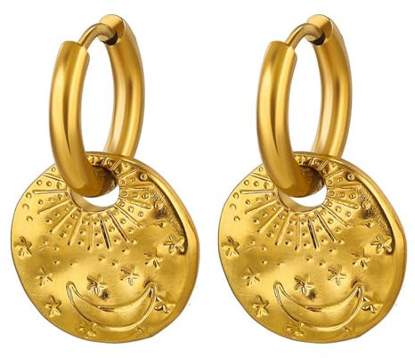 JewelryWe Sonne Mond Ohrringe Damen: Gold Edelstahl Kleine Huggie Creolen mit Halbmond Stern Runde Anhänger Hypoallergene Hängend Ohrringe Statement Ohrringe Schmuck Geschenk für Frauen Mädchen