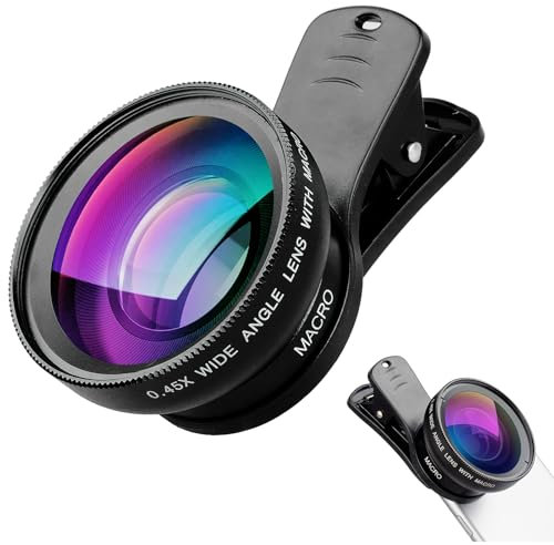 Kit D'objectifs 2 en 1 pour Téléphone Portable, Objectif Grand Angle 0,45x et Objectif Macro 12,5X pour Iphone, Android, Samsung Galaxy, la Plupart des Téléphones Portables et Tablettes