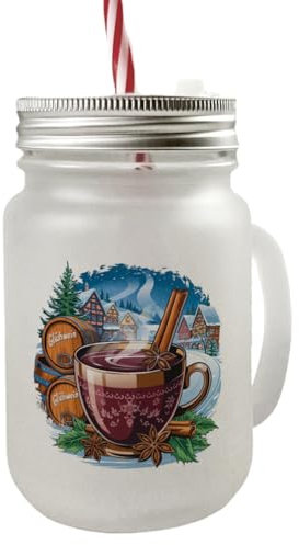 speecheese Winterlandschaft mit Glühweintasse Mason Jar Henkel Trinkglas mit Deckel - Glühwein Farbenfrohe Illustration einer Stadt mit Glühwein Zimtstange Sternanis auf Holzfässern