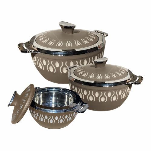 3-Piece Insulated Casserole Set with Lid – Double-Wall Hot Pot for Food Serving and Storage – Thermal, Stainless Steel Interior – Ideal for Kitchen, Lunch, and Dinner (Earth Beige) (1000,1500,2000 ML)