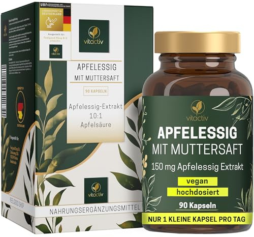 VITACTIV Apfelessig Kapseln Hochdosiert - 90 Stk. - 150mg Apfel Essig Extrakt (1500mg Pulver), nur 1 Kapsel tägl. - Apple Cider Vinegar Capsules mit Essigmutter - Vegan, ohne Zusätze