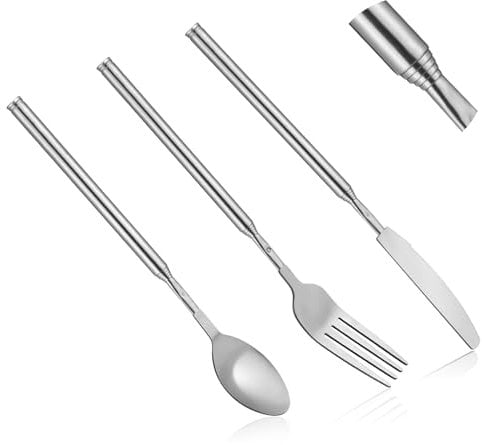 3pcs Extendable Fork Knife Spoon Set, Stainless Steel Long Telescoping Flatware, Funny Extended Fork Joke Prank, Extending Retractable Knife, Telescopic Extension Kitchen Gadget Utensil for Dessert