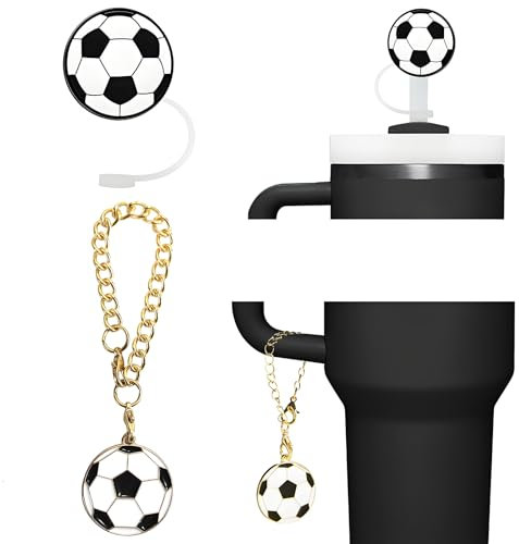 Straw Cover Set, 0.4 in / 10 mm Dustproof Leak Proof Football Silicone Straw Tips and Cup Chain Reusable Straw Toppers for Men Teenagers Boys