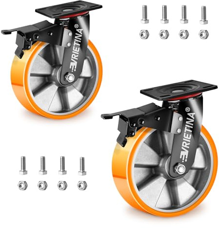 2 Stück 125mm Schwerlastrollen mit Bremse, Lenkrollen mit Feststeller 360° Drehbar Industrierollen Schwerlast für Industrielle Anlagen, Aluminiumfelge Polyurethan Möbelrollen Einbaurad, Traglast 800kg