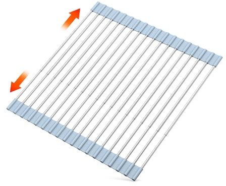 TlaroRiz Expandable Roll Up Dish Drying Rack Over Sink 304 Stainless Steel Drainer for Counter Kitchen Home RV Essentials Foldable Sink Racks Organizer (Grey,Up to 21.46