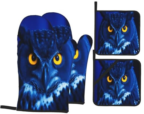 Ofenhandschuhe und Topflappen, Motiv: niedliche blaue Eule, isoliert, rutschfest, Ofenhandschuhe zum Kochen, Backen, Grillen, 4 Stück