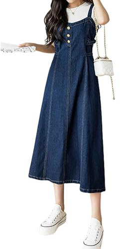 HIMI HIMIFASHION Modische Hosenträger-Denim-Kleider für Damen, süße Schleife, Knöpfe, hohe Taille, A-Linie, lässig, langes Schürzenkleid, dunkelblau, 3XL