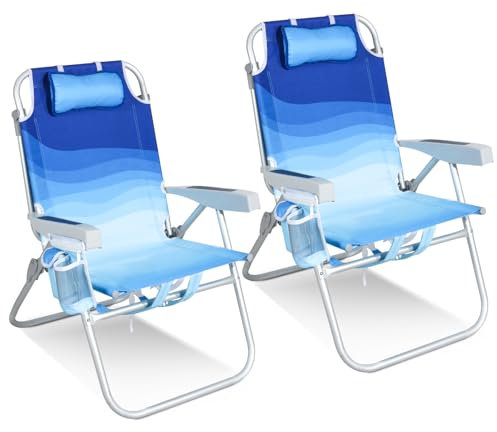 Homecall Strandstuhl Klappbar Leicht Klappstuhl Strand 5-stufig verstellbare Rückenlehne - Strandsessel Strandstühle Faltbar Bis 136KG für Strand, Outdoors (Hoch, Blaue Welle, 2 Stück)