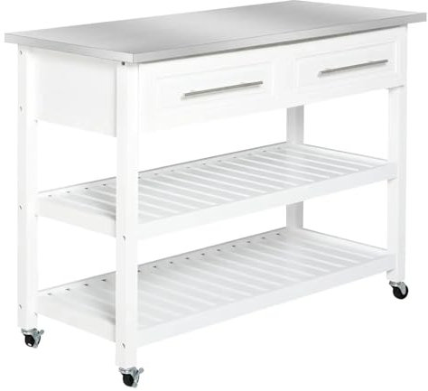 SHANHENGYUN Carrito de isla de cocina con parte superior de acero inoxidable, carrito utilitario rodante con 2 cajones y estantes para almacenamiento en la cocina o el hogar