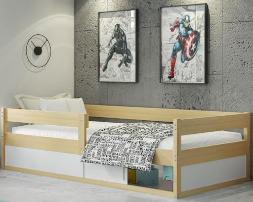 Interbeds Kinderbett Montessori Einzelbett 160x80cm Bodenbett Kiefernholz Naturholz mit Lattenrost und Rausfallschutz (Naturton)