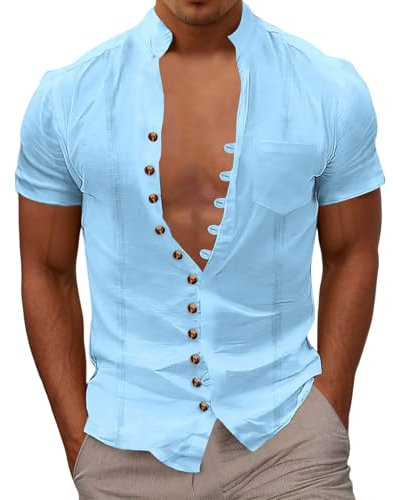 CEWIFO Camicia Elegante da Uomo Camicie Lino Senza Collo a T Shirt T-Shirt Manica Corta 3XL Maglietta E Oro Sport