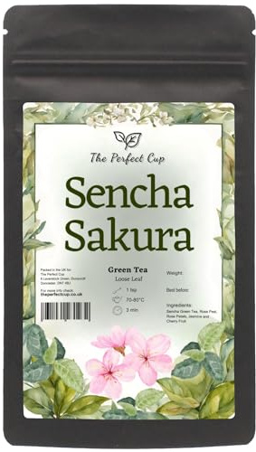 Sencha Sakura Loose Leaf Green Tea with Cherries & Rose Petals, 50g | Fragrant floral-fruity blend with a smooth, sweet and crisp cup, ideal hot or iced, packed in a dark resealable pouch.