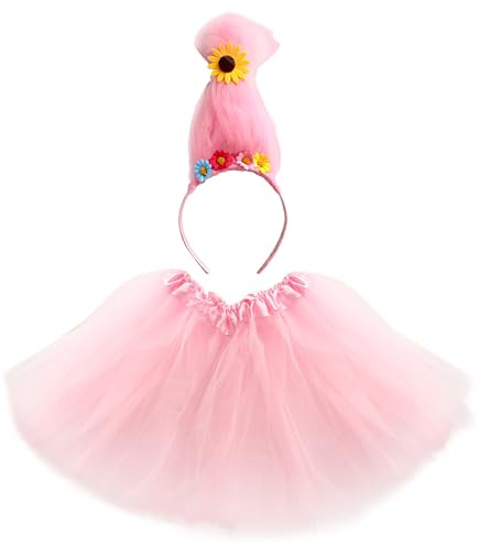 Troll-Kostüm für Damen, 2-teiliges Set mit buntem Perücken-Stirnband und Tutu-Rock für Halloween oder Karneval (Rosa, Teenager, 30 cm, mit Tüllstoff)