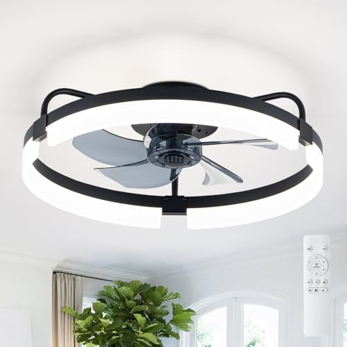 POWROL Ceiling Fans with Lights, 50CM Modern 6 Speeds Reversible Bedroom Ceiling Fan with Light, 3 Color Temperature Quiet Low Profile Ceiling Fan Light for Living Room Kitchen