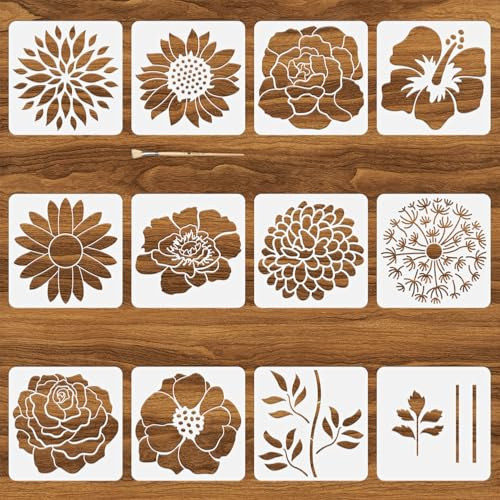TWINKLEMON 12 Pcs Flower Large Stencils for Painting 30 * 30cm | Floral Stencils for Crafts Reusable with Brush, Spray Paint Stencil Templates Set for DIY Art Wall Wood Furniture Fabrics