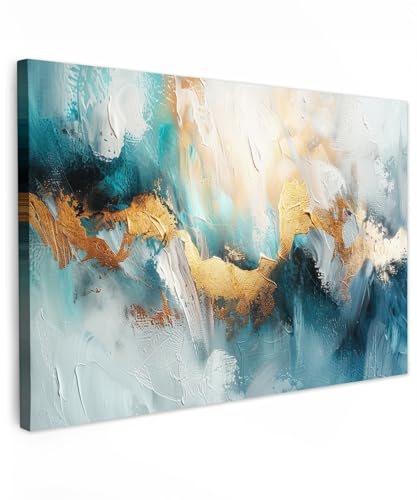 MuchoWow© Leinwand Bilder XXL Groß Wanddeko Wohnzimmer Aesthetic | 140x90 cm - Room Decor Deko Zimmer Wandbilder Modern Panorama Großes Wandbild Abstrakte Kunst - Gold - Blau