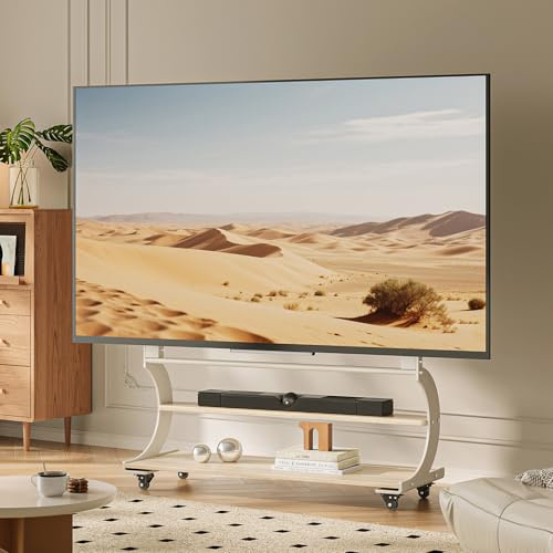 CNTSLNB TV Ständer rollbar für 50-100 Zoll Fernseher bis zu 100kg Weiß | Easel Design, Höhenverstellbar und Schwenkbar, Stabilität TV Staffelei mit 2-Stufigen Holzablage, Max VESA 900x600mm
