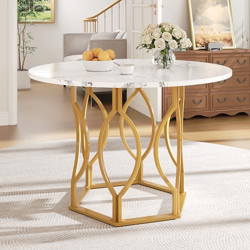 Merax Esstisch Runder 100cm, Moderner Küchentisch für 4-6 Personen, Esszimmertisch für Küchen, Wohnzimmer, Esszimmer, Büro, Modern gestaltete Metallbeine in Goldoptik, marmorierte MDF-Tischplatte