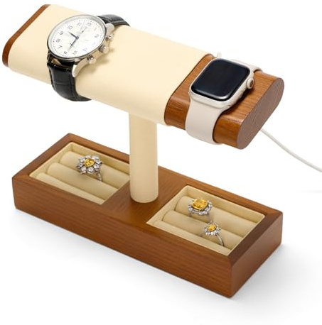 Oirlv Massivholz T-Bar Uhrenständer,mit Ladeschacht Uhrenhalter, | Watch Stand für Organizer Ringe,Ohrringe,Schmuck(01)