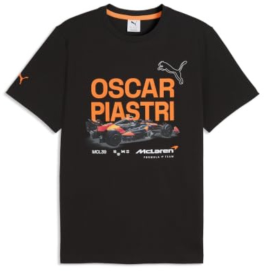 PUMA McLaren F1 Herren Oscar Piastri T-Shirt mit Fahrzeuggrafik & Nummer 81 | McLaren Formel-1-Team und PUMA-Branding, Kurzärmel mit rundem Ausschnitt, Offiziell lizenziert