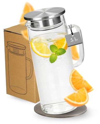 Jarra de cristal con tapa de 1 litro de vidrio de borosilicato – Jarra de agua con filtro fino gracias al colador – elegante jarra para agua, líquido amniótico y té helado en la vida cotidiana y la