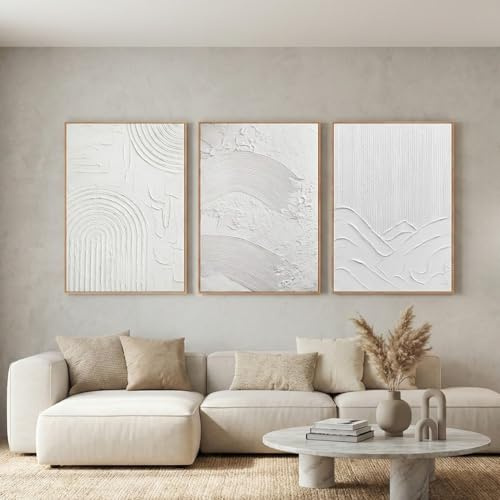 DekoArte - Cuadro Decoración Salón Moderno Relieve 60x90 cm x3 con marco | Triptico de cuadros con marco en color madera incluido, cuadro relieve blanco yeso textura, listo para colgar