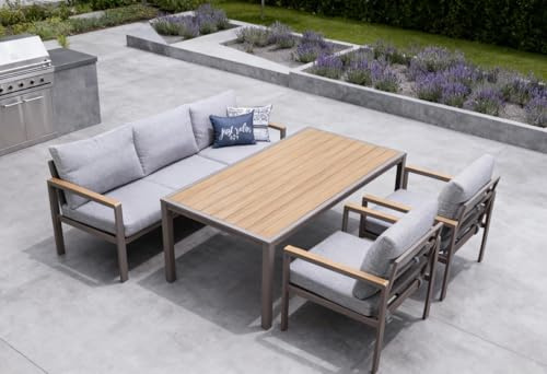 Primaster Gartenmöbel Set Porto Essgruppe für 5 Personen Alu Holzoptik grau braun Sitzgruppe Tisch Terrasse Garten