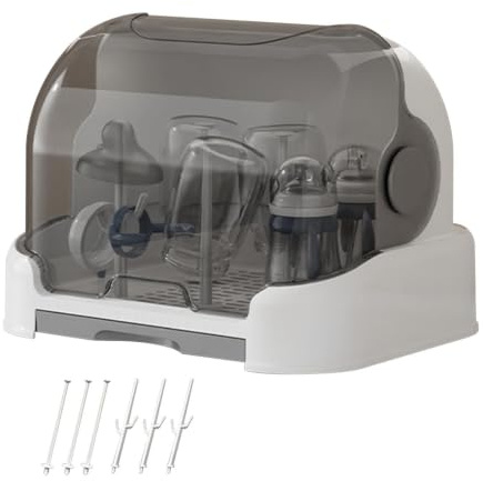 Drying Rack for Bottles Dust-Proof Space Saving Reusable Containers | Bottle Organizer With Removable Drain Tray for Countertop Kitchen Home Travel Daycare Parents Breastfeeding Pump Mother Boys