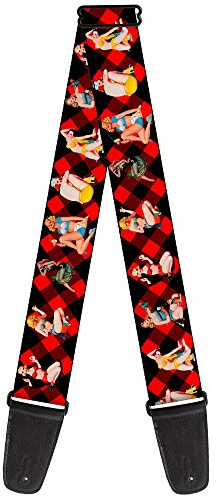 Buckle-Down GS-W34285 Pin Up Girl Poses Buffalo Plaid Blocks Black/Red Guitar Strap