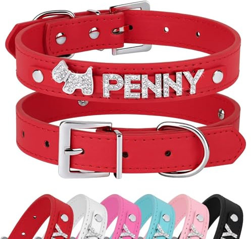 Didog Hundehalsband-Set aus glattem PU-Leder, mit Strasssteinen, personalisierbar, für kleine, mittelgroße Hunde, Rot, Größe M