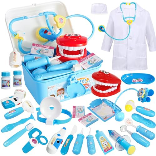 BUYGER Arztkoffer Kinder ab 3 Jahre, Zahnarzt Spielzeug, Doktorkoffer Zubehör Stethoskop Spritze Arztkittel, Doktor Rollenspiel Geschenk für Kinder Jungen Mädchen