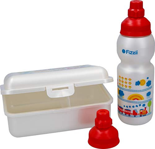 Fizzii Set Trinkflasche 330ml + Lunchbox inkl. Obst-/ Gemüsefach (schadstofffrei, spülmaschinenfest, Motiv: Eisenbahn byGraziela)