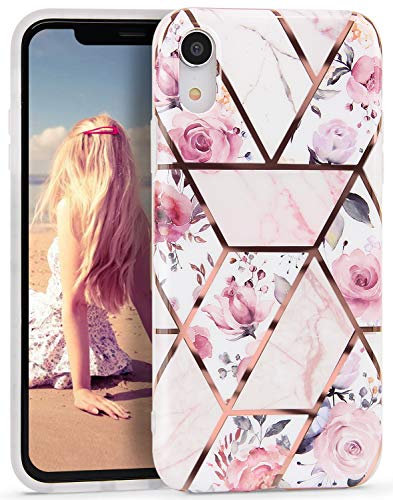Imikoko iPhone XR Case Flower Glitter Rose Gold Striped Design Shiny Floral Bumper Phone Cover Shockproof Silicone Glossy TPU Soft Rubber Cases for iPhone XR 6.1 Inch - White Flower