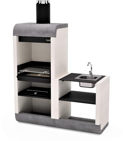 TUOZI - Barbacoa de Obra para Leña y Carbón Modelo SUD PLUS Módulo Soporte Fregadero y Grifo (Blanco, Gris, Negro - 162 x 60 x 220 cm) REF: 4340 - Uso en Exteriores