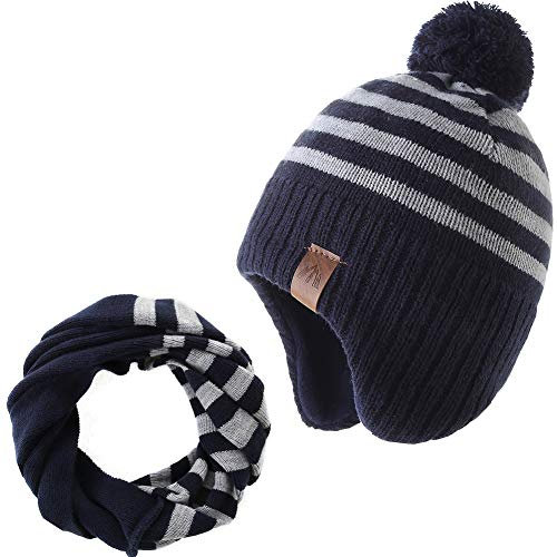 Monimo Chapeau d'hiver tricoté pour garçon - Cache-oreilles épais - Pour enfants, Lot de bandes grises, 1-3 ans