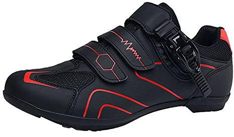 FNKDOR Gestreift Fahrradschuhe Herren Damen Rennrad MTB Atmungsaktiv Rutschfest Sneaker mit Klettverschluss und Verstellbare Schnalle Rot 45